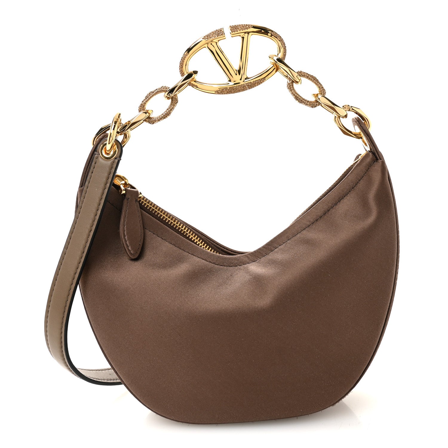 Valentino Garavani Satin Crystal Mini Vlogo Moon Bag Brown 1 of 10
