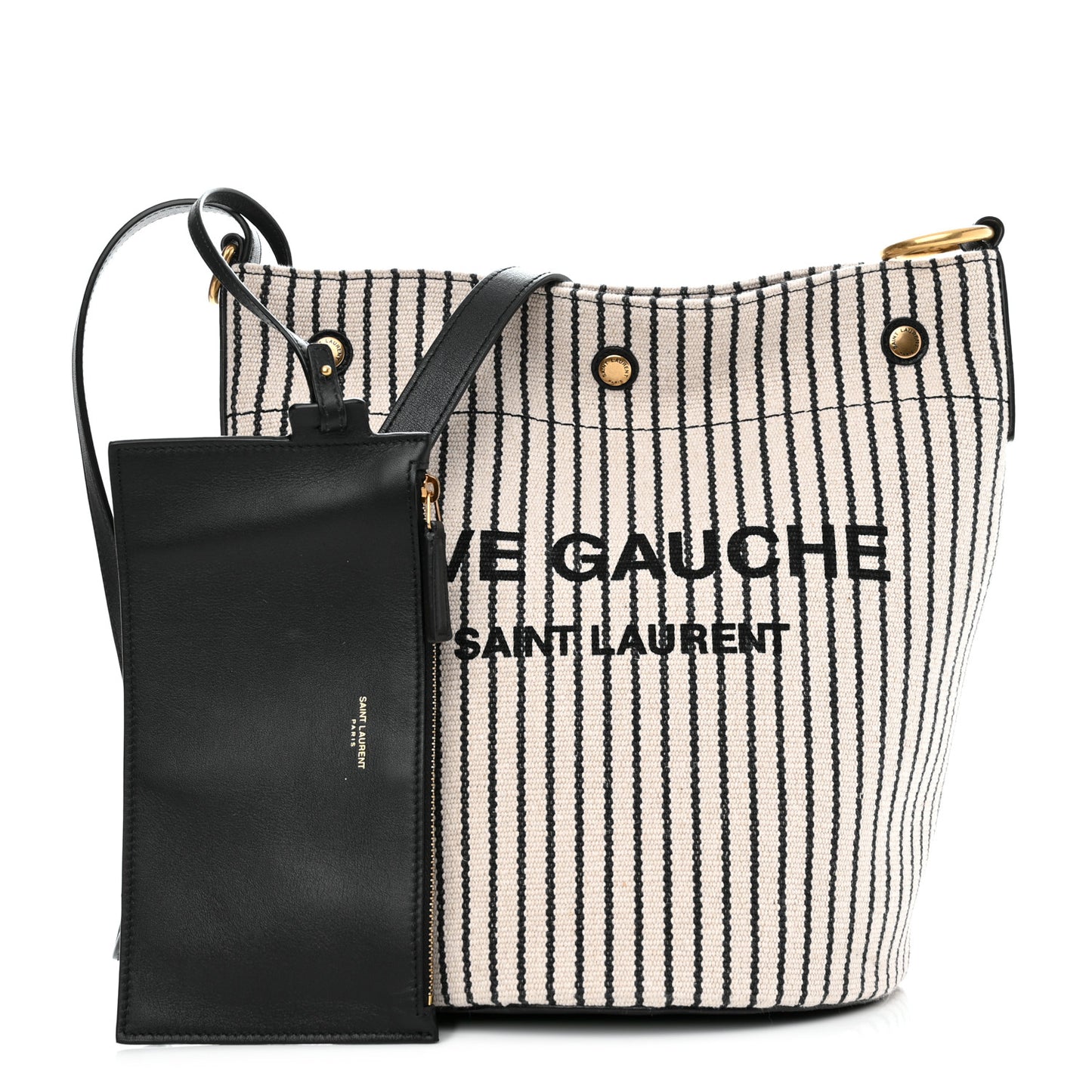 Linen Calfskin Striped Rive Gauche Bucket Bag Grey Cream Black