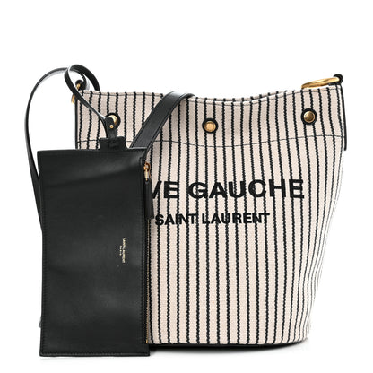 Saint Laurent Linen Calfskin Striped Rive Gauche Bucket Bag Grey Cream Black 1 of 10