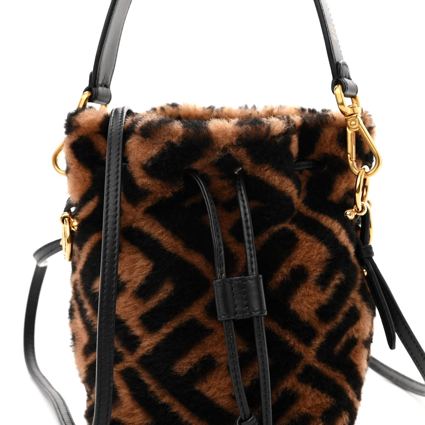 Shearling Vitello Dolce F is Fendi Macro FF 1974 Mini Mon Tresor Bucket Bag Tobacco Black