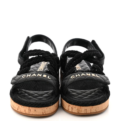 Chanel Cord Lambskin Quilted Logo Sandals 38 Black 2 of 9