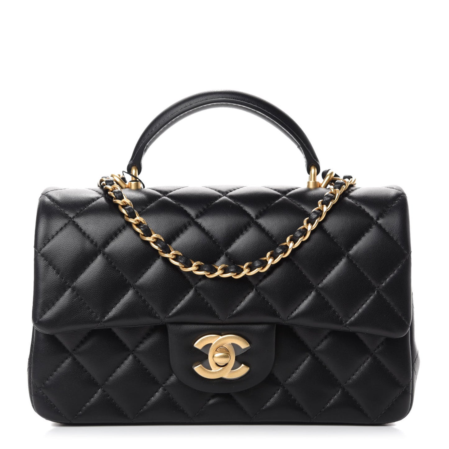 Lambskin Quilted Mini Top Handle Rectangular Flap Black
