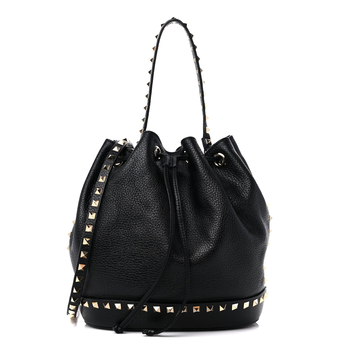 Pebbled Calfskin Small Rockstud Bucket Bag Black