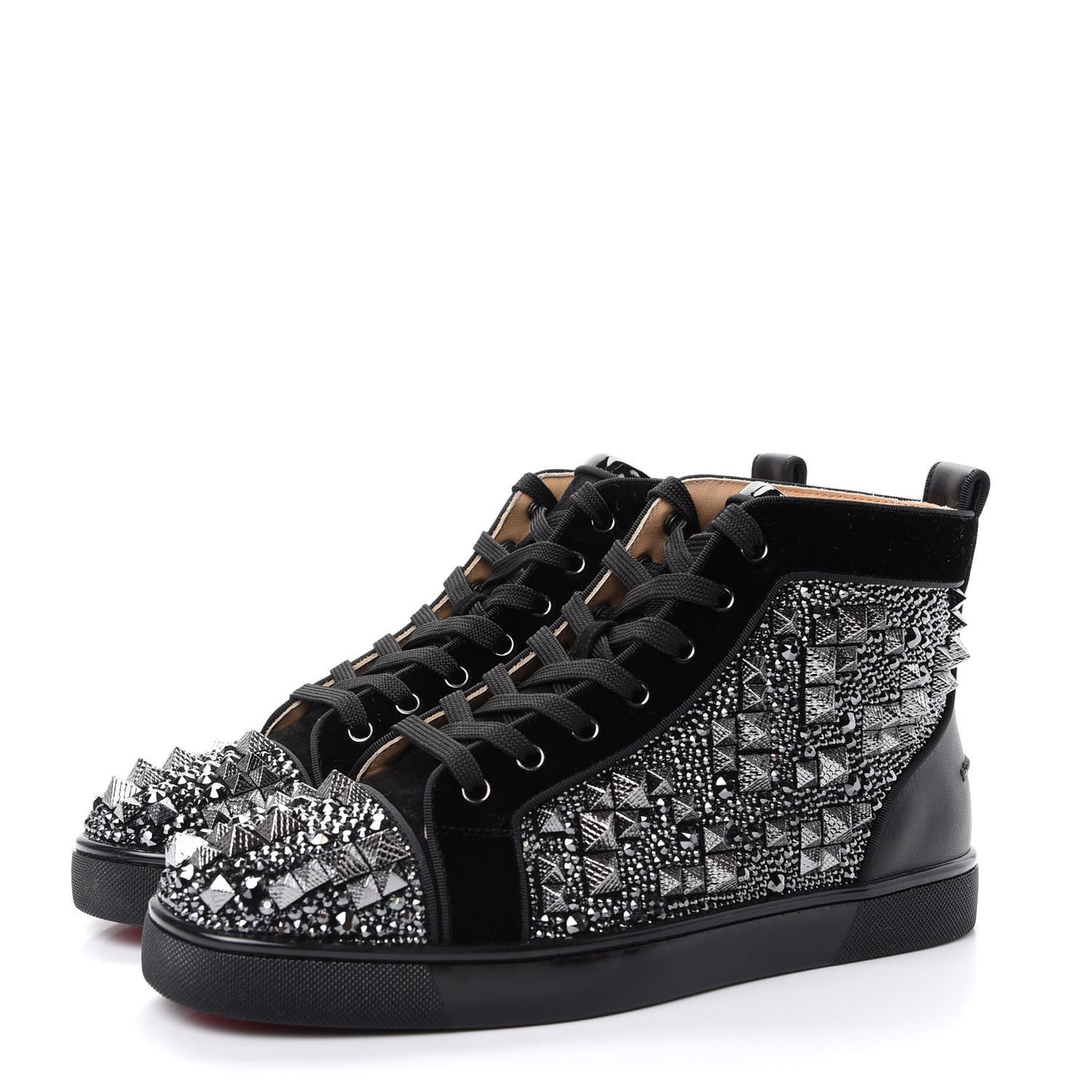 Calfskin Velvet Strass Mens Louis Spikes Flat Sneakers 41 Black
