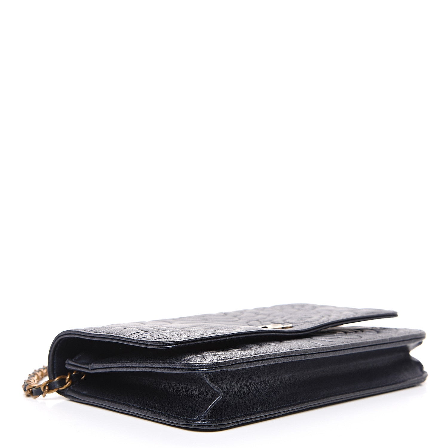 Chanel Goatskin Camellia Embossed Wallet On Chain WOC Navy 3 of 11