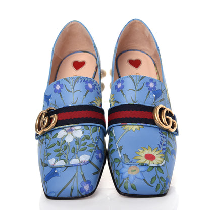 Gucci Apollo Calfskin Web Pearl New Flora Peyton 35mm Loafer Pumps 37.5 Azure 5 of 11