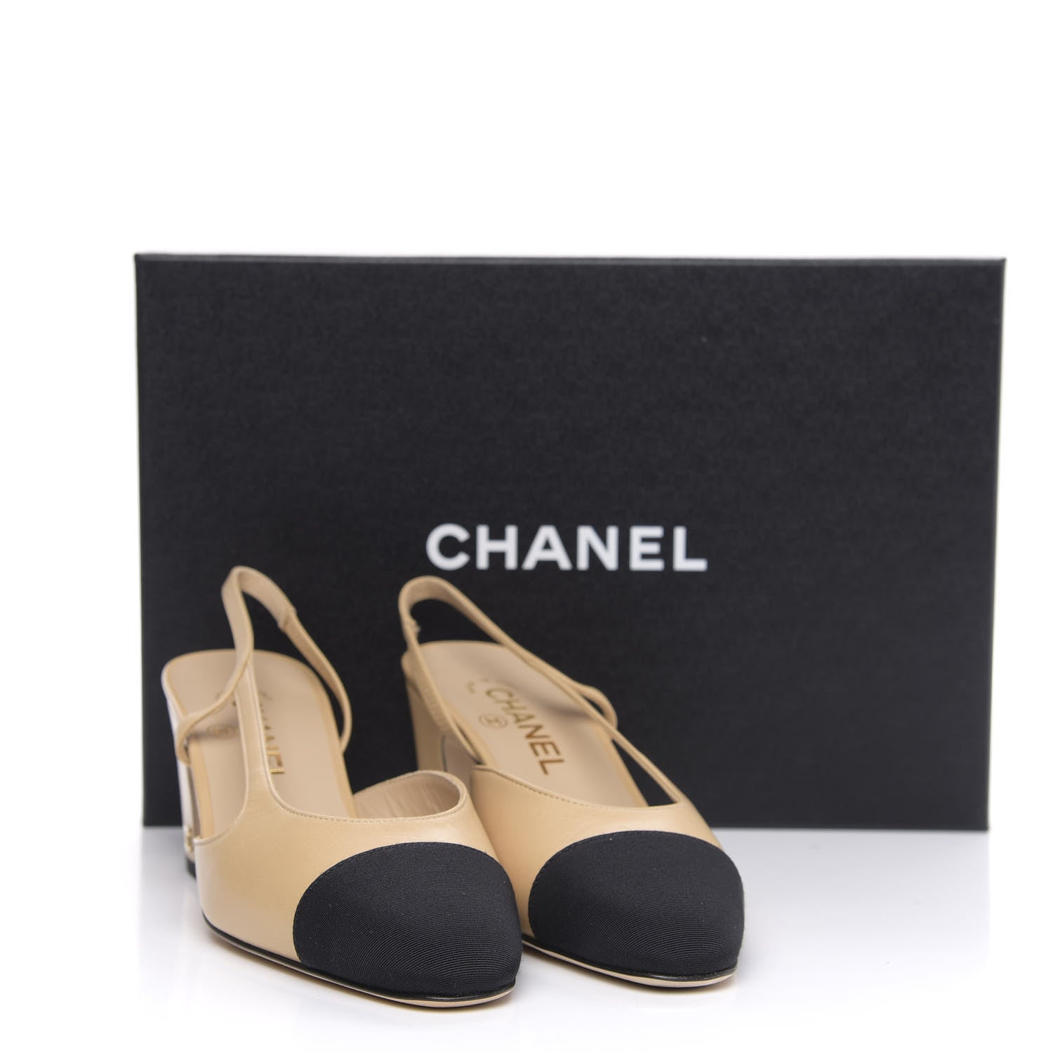 Chanel Goatskin Grosgrain Cap Toe CC Slingback Pumps 37.5 Beige Black 9 of 9