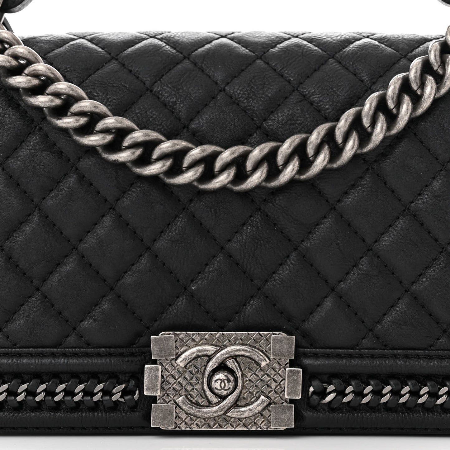 Goatskin Quilted Medium Top Handle Boy Flap Black