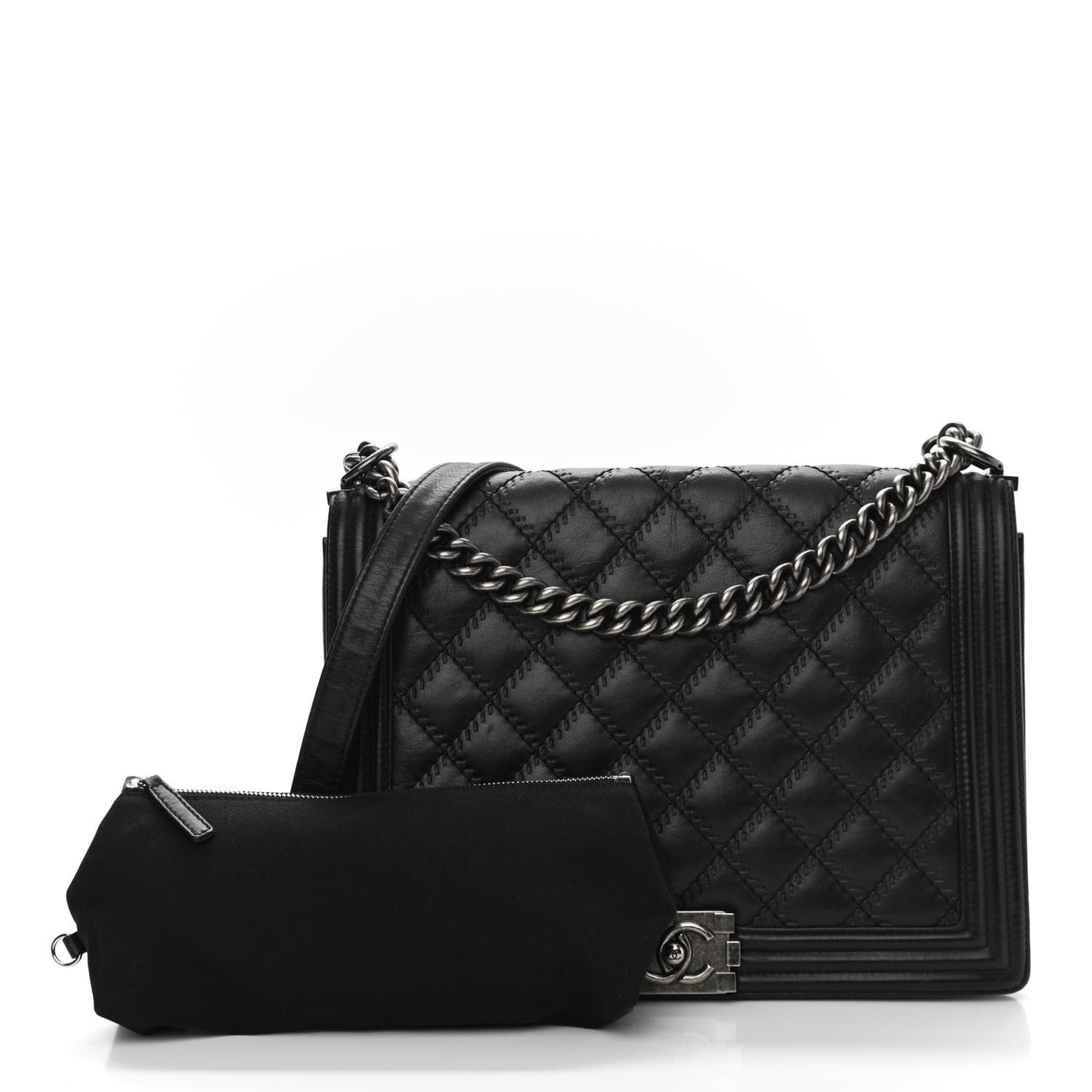 Calfskin Embossed Stitch Large Boy Flap Black