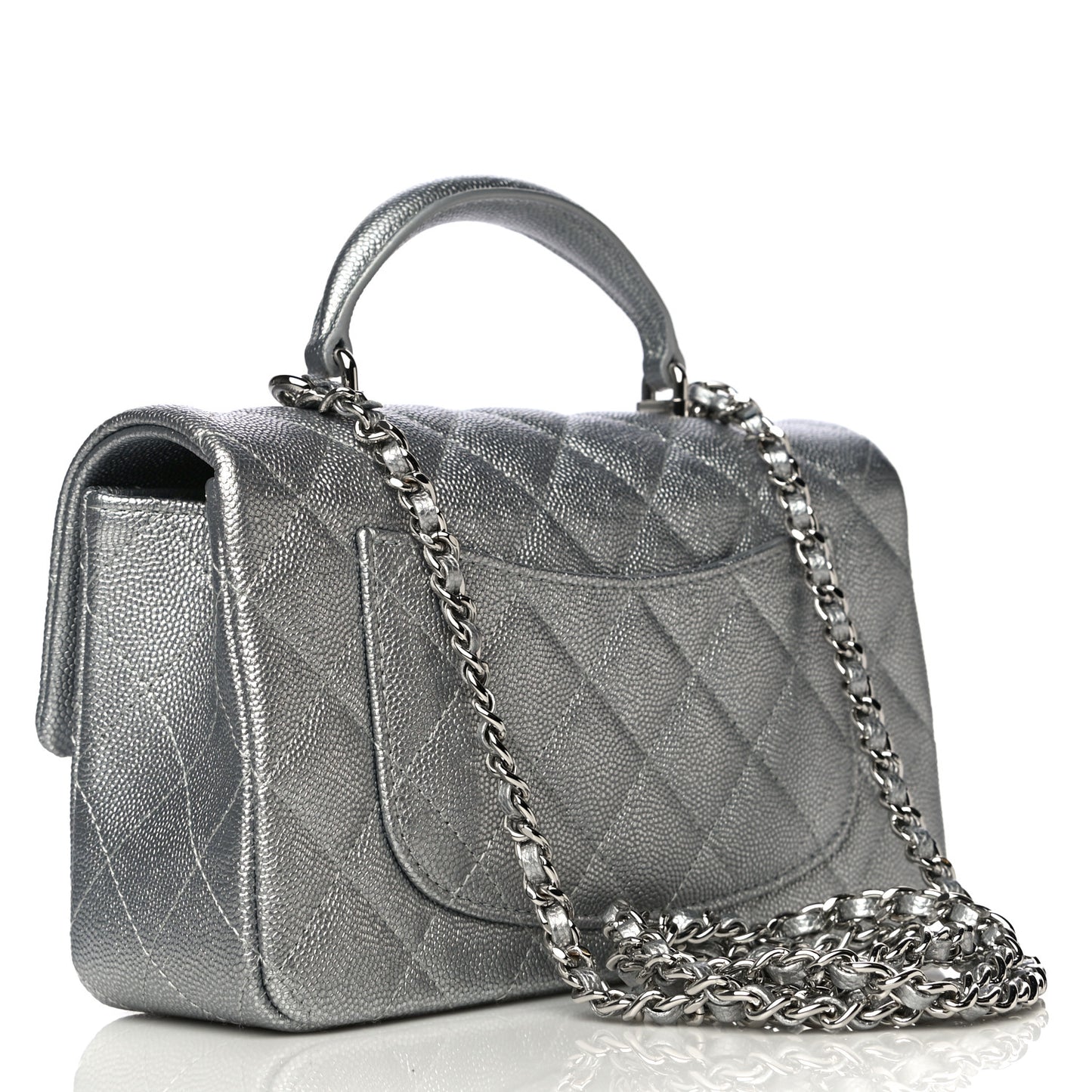 Metallic Caviar Quilted Mini Top Handle Rectangular Flap Silver
