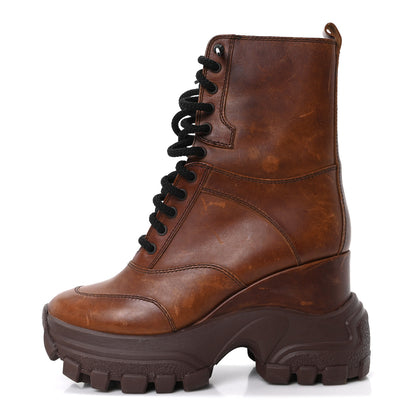 Miu Miu Distressed Calfskin Platform Wedge Lace Up Combat Boots 40 Brown 1 of 8