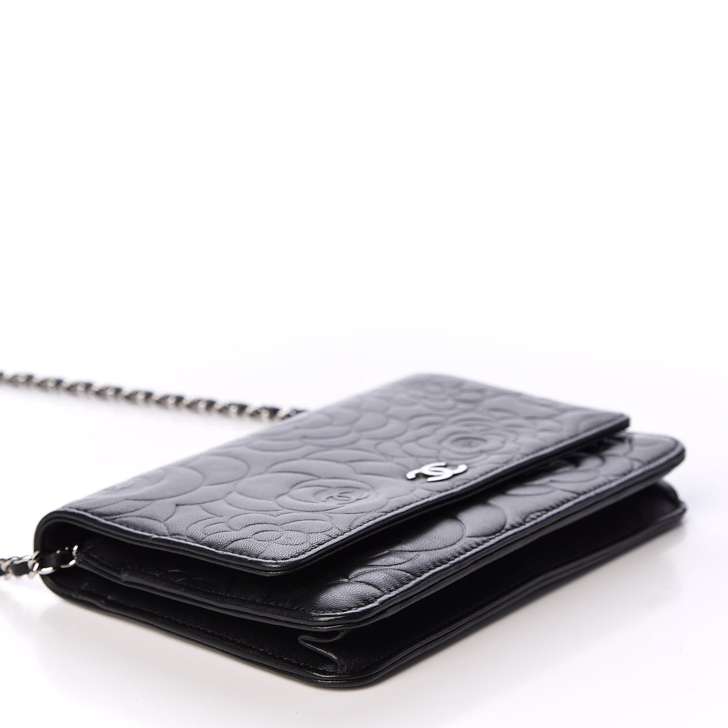 Lambskin Camellia Embossed Wallet on Chain WOC Black