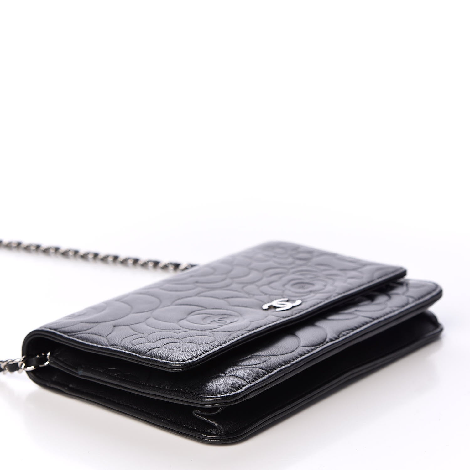 Chanel Lambskin Camellia Embossed Wallet on Chain WOC Black 3 of 11