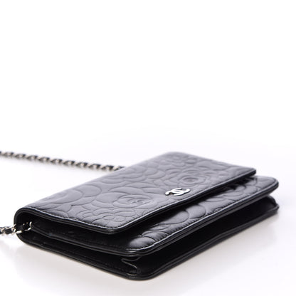 Chanel Lambskin Camellia Embossed Wallet on Chain WOC Black 3 of 11