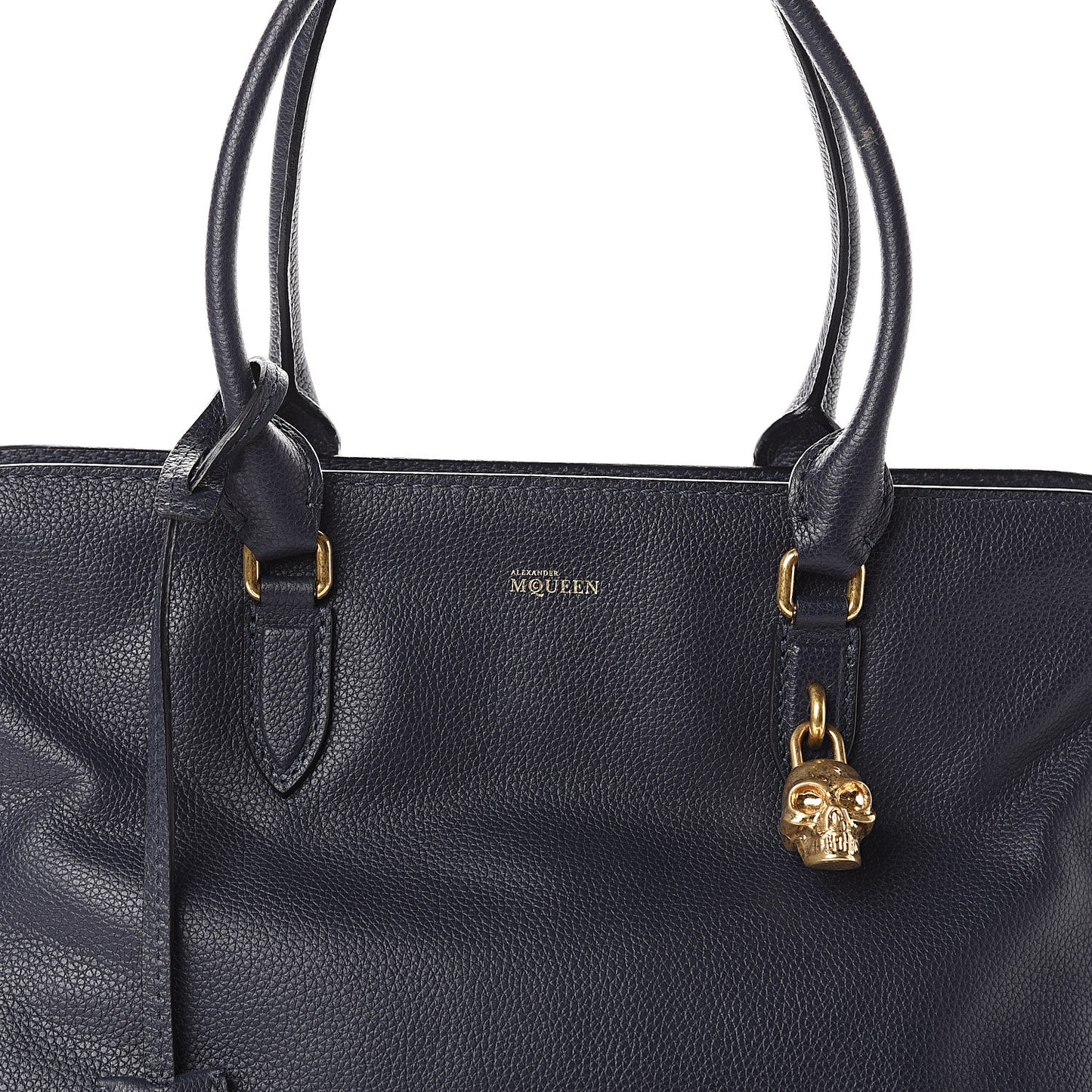 Pebbled Calfskin Large Skull Padlock Zip Around Tote Navy