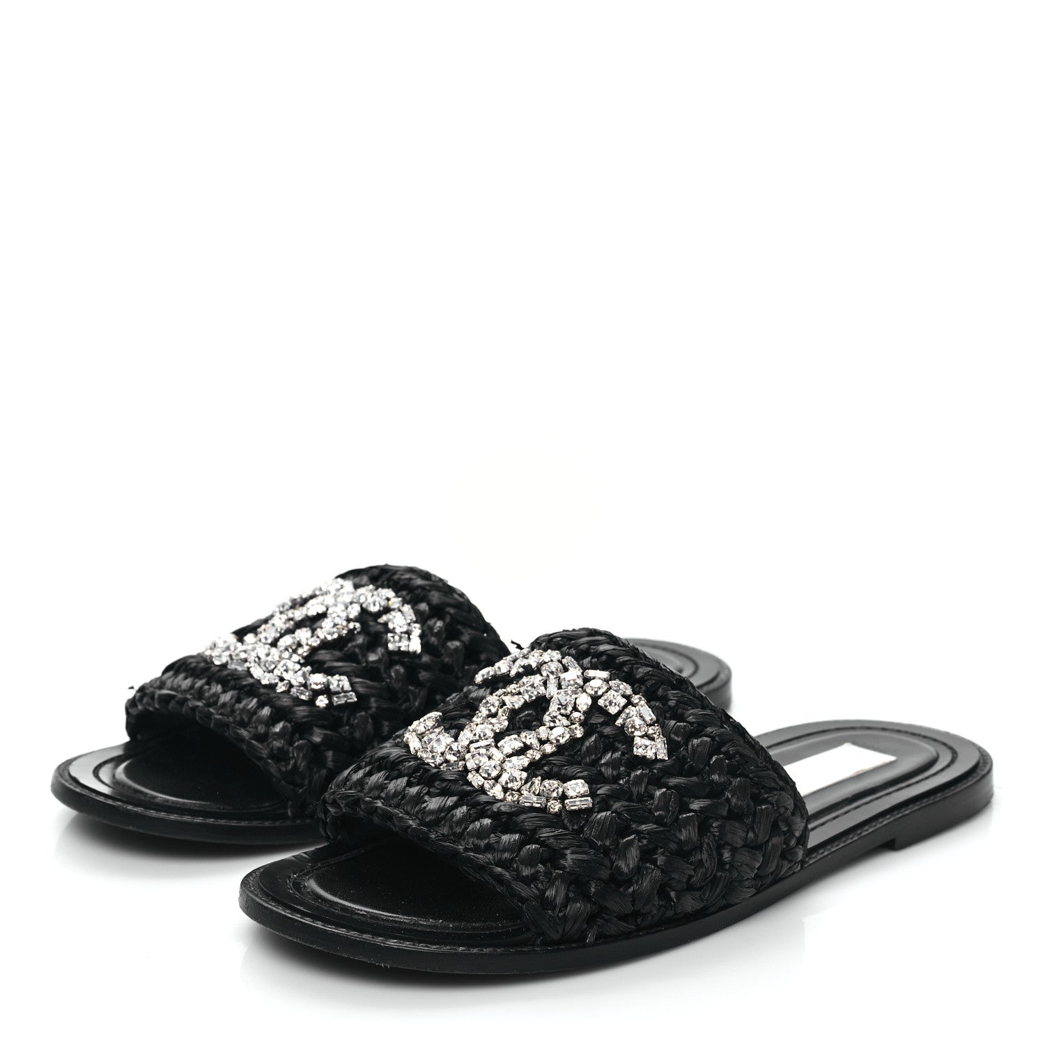 Chanel Raffia Crystal CC Mules Sandals 39 Black 3 of 9