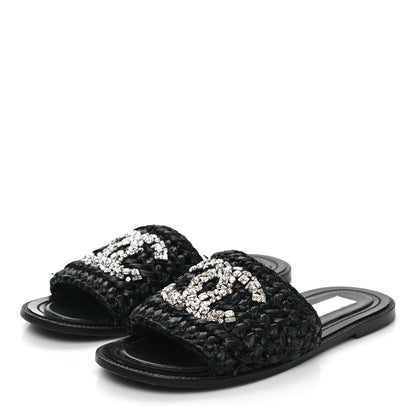 Chanel Raffia Crystal CC Mules Sandals 39 Black 3 of 9