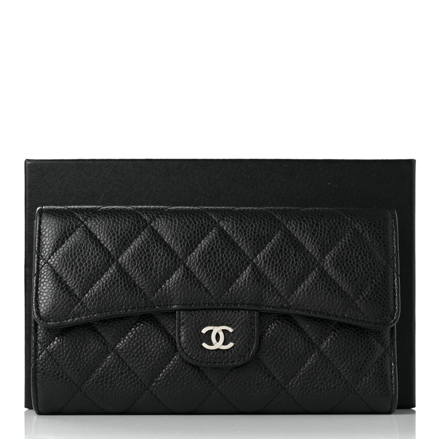 Caviar Quilted Large Gusset Flap Wallet Black