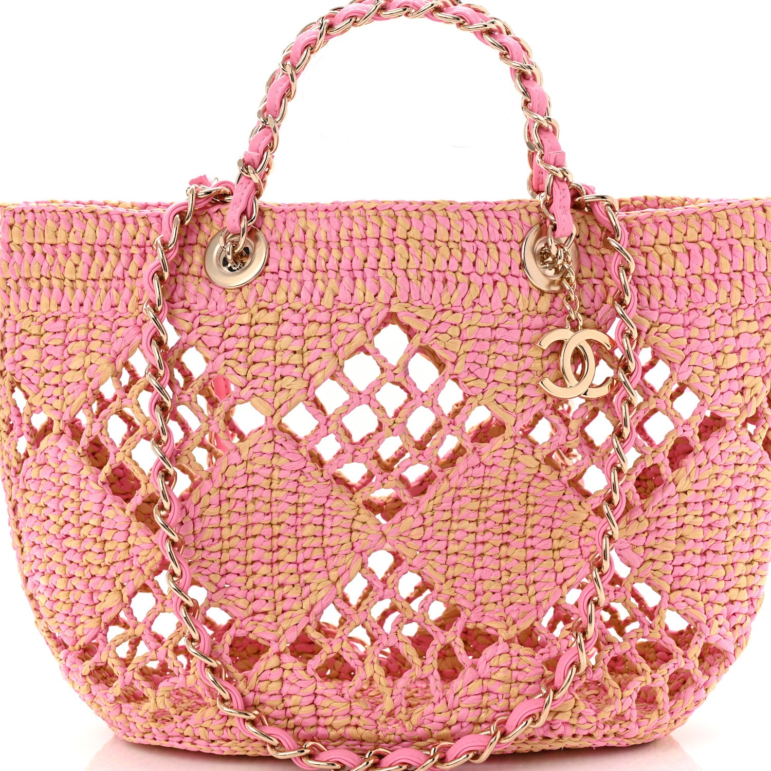 Chanel Raffia Effect Braided Small Shopping Bag Beige Pink 9 of 12