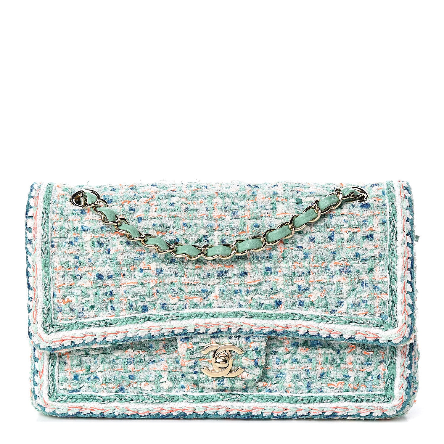 Chanel Tweed Quilted Medium Double Flap Green White Blue Orange 1 of 13