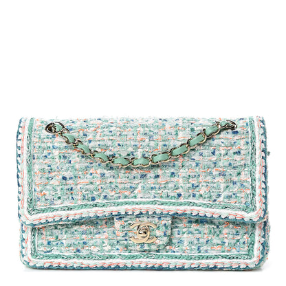 Chanel Tweed Quilted Medium Double Flap Green White Blue Orange 1 of 13