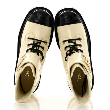 Chanel Shiny Calfskin Quilted Lace Up Combat Boots 37 Ivory Black 2 of 9