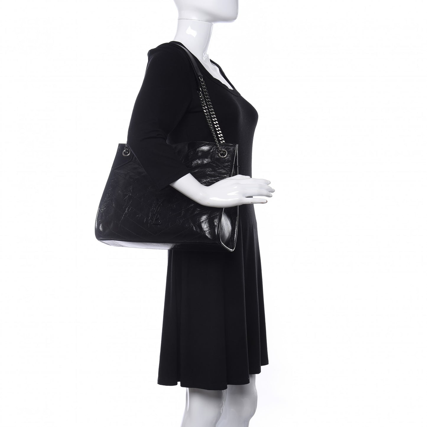 Crinkled Calfskin Matelasse Monogram Medium Niki Shopper Tote Black