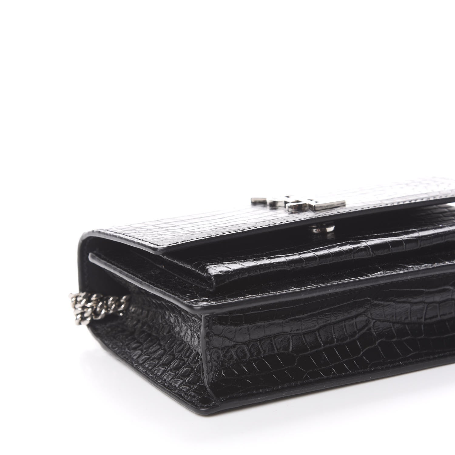 Saint Laurent Calfskin Crocodile Embossed Monogram Sunset Chain Wallet Black 8 of 10