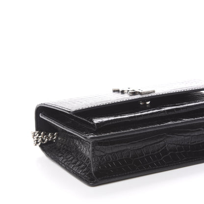 Saint Laurent Calfskin Crocodile Embossed Monogram Sunset Chain Wallet Black 8 of 10