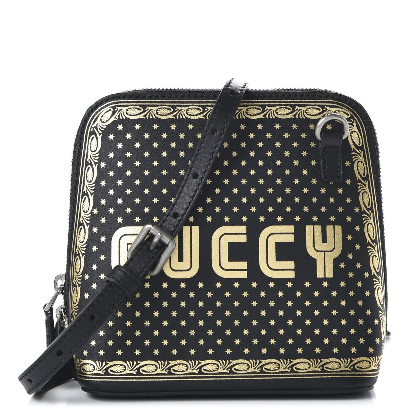 X SEGA Calfskin GUCCY Stars Mini Dome Shoulder Bag Black Gold