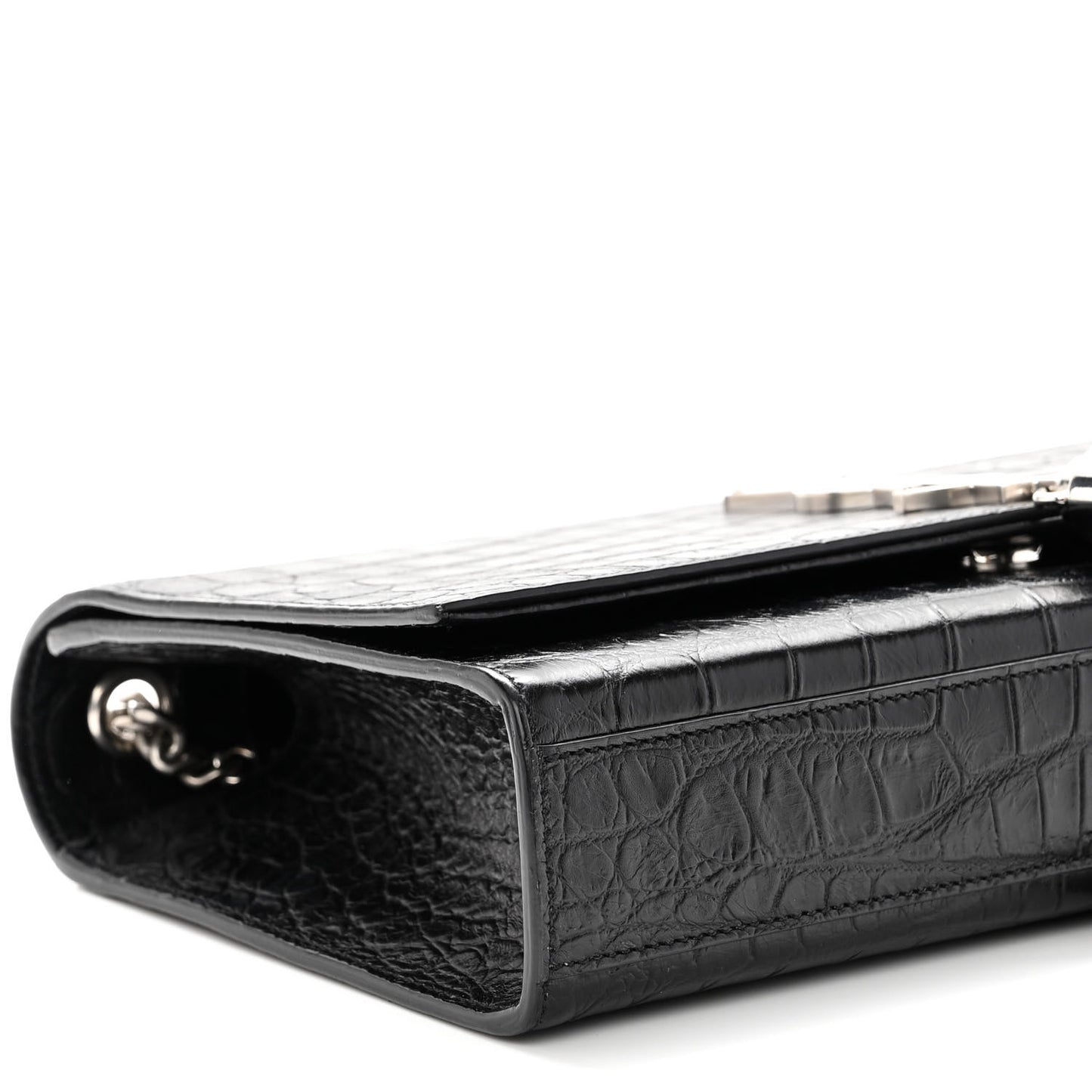 Calfskin Crocodile Embossed Medium Classic Monogram Kate Tassel Satchel Black