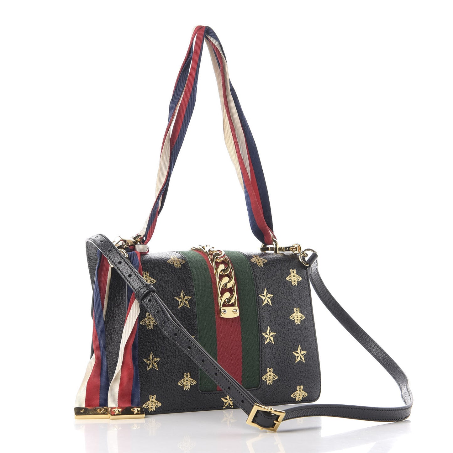 Textured Calfskin Bee Star Print Small Sylvie Shoulder Bag Black