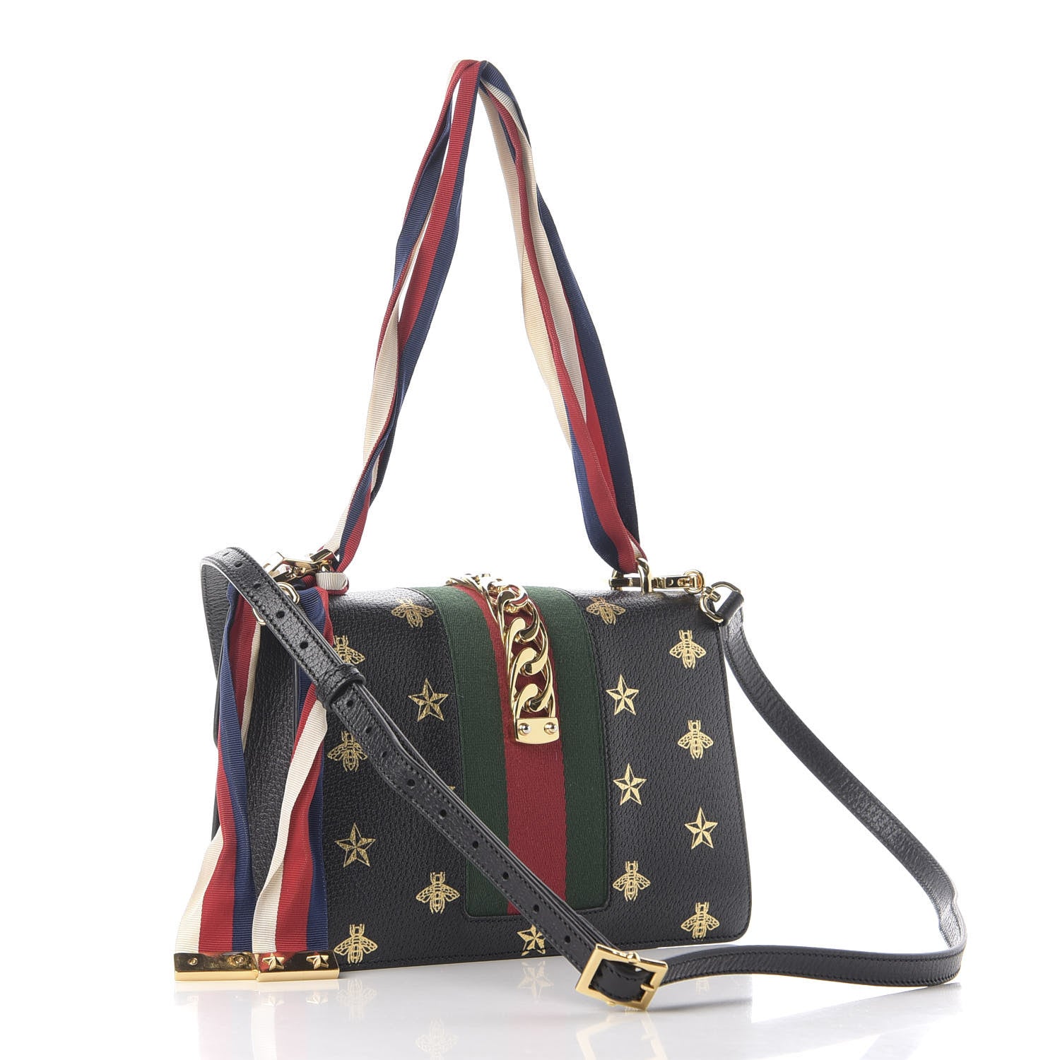 Gucci Textured Calfskin Bee Star Print Small Sylvie Shoulder Bag Black 4 of 11