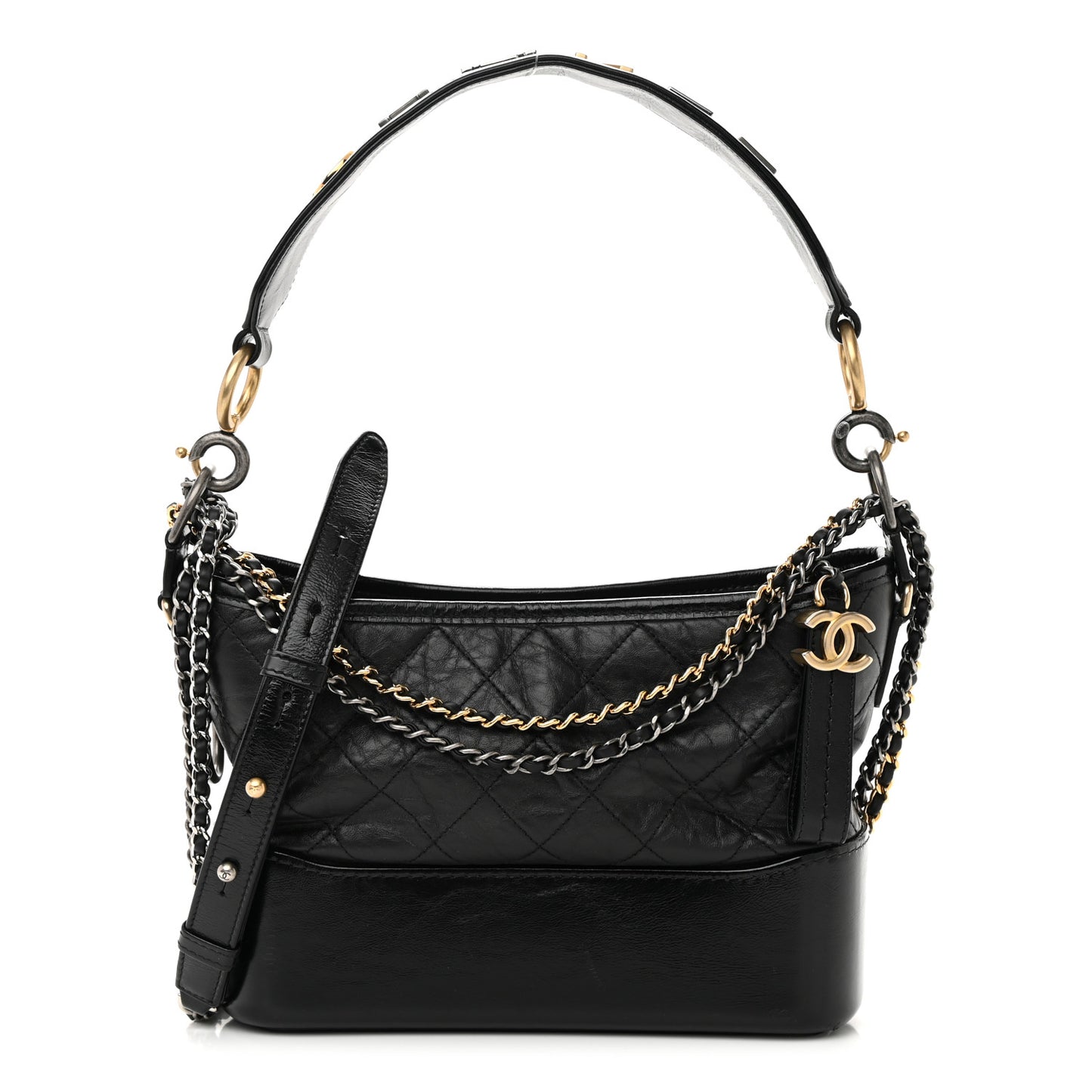 Aged Smooth Calfskin Quilted Medium Gabrielle Logo Hobo Black