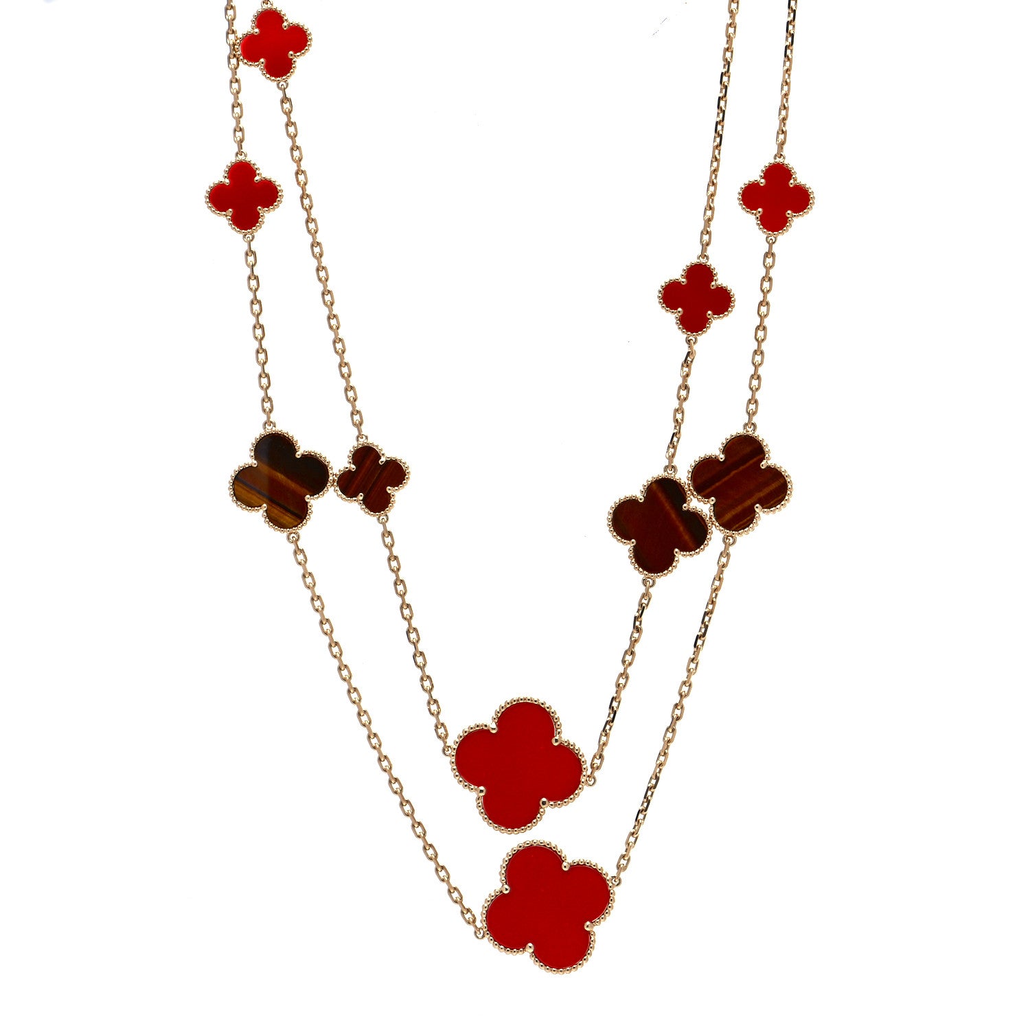 Van Cleef & Arpels 18K Yellow Gold Tiger Eye Carnelian 16 Motifs Magic Alhambra Necklace 1 of 6