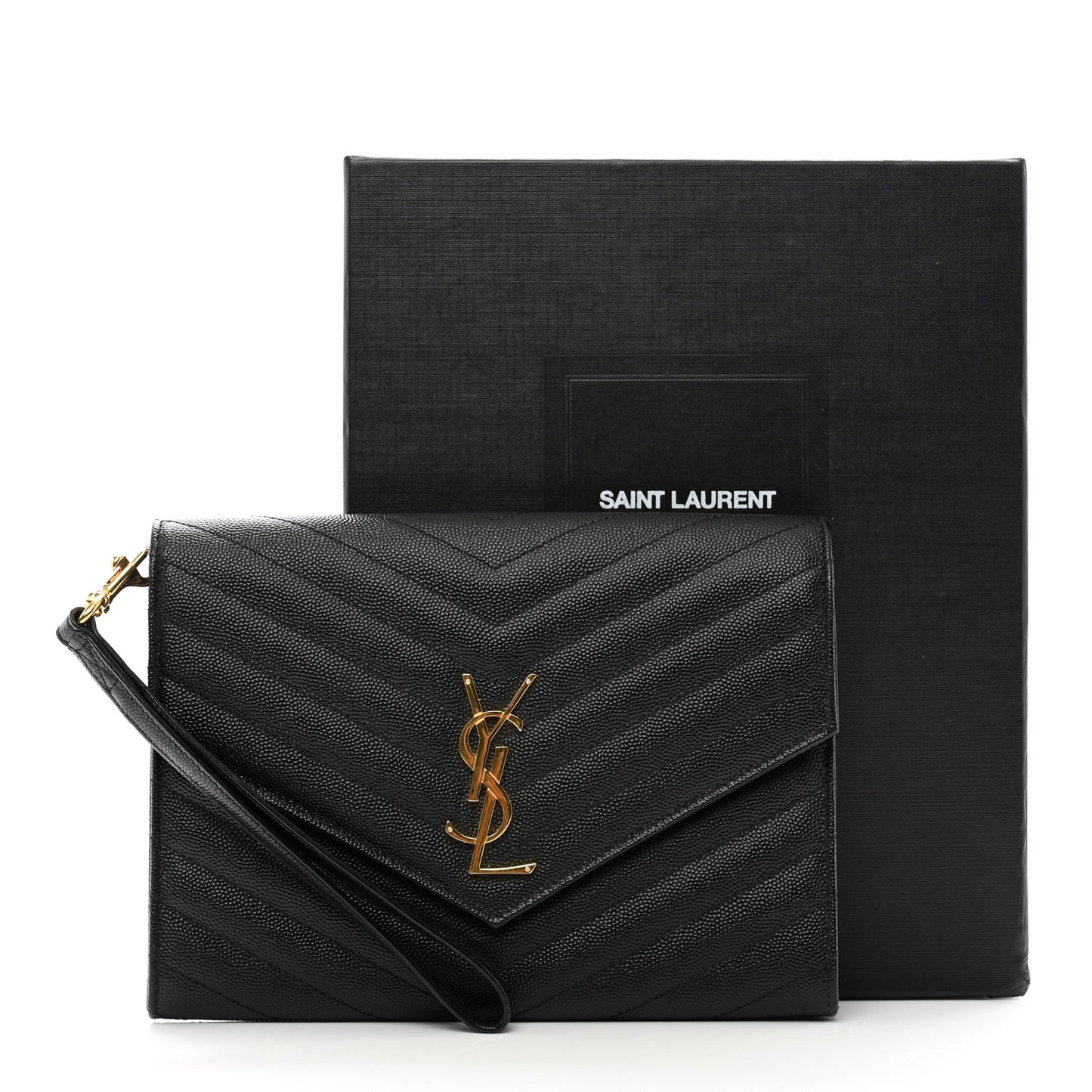 Grain De Poudre Matelasse Chevron Monogram Envelope Clutch Black