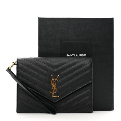 Saint Laurent Grain De Poudre Matelasse Chevron Monogram Envelope Clutch Black 8 of 8