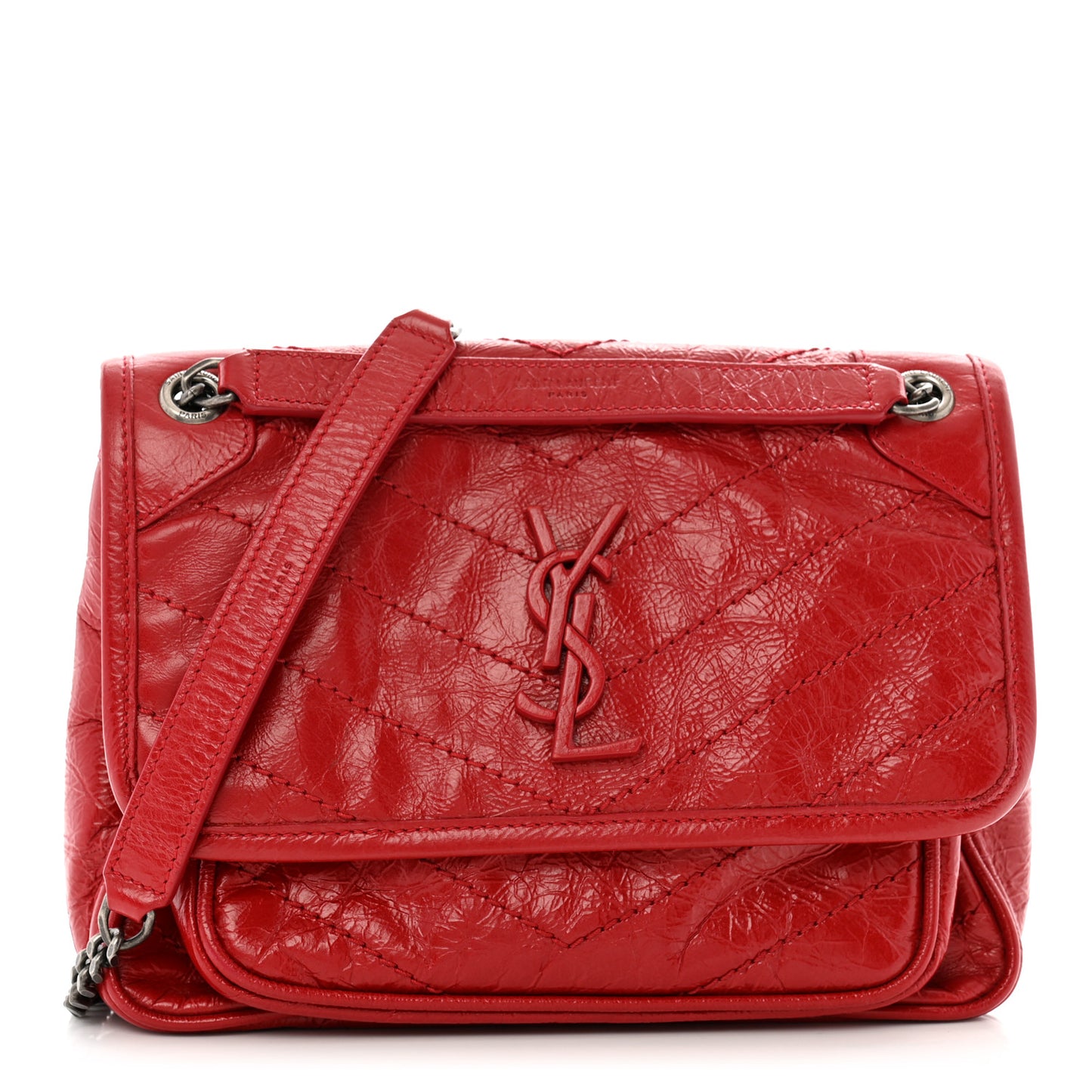 Crinkled Calfskin Matelasse Monogram Baby Niki Chain Satchel Rouge Eros