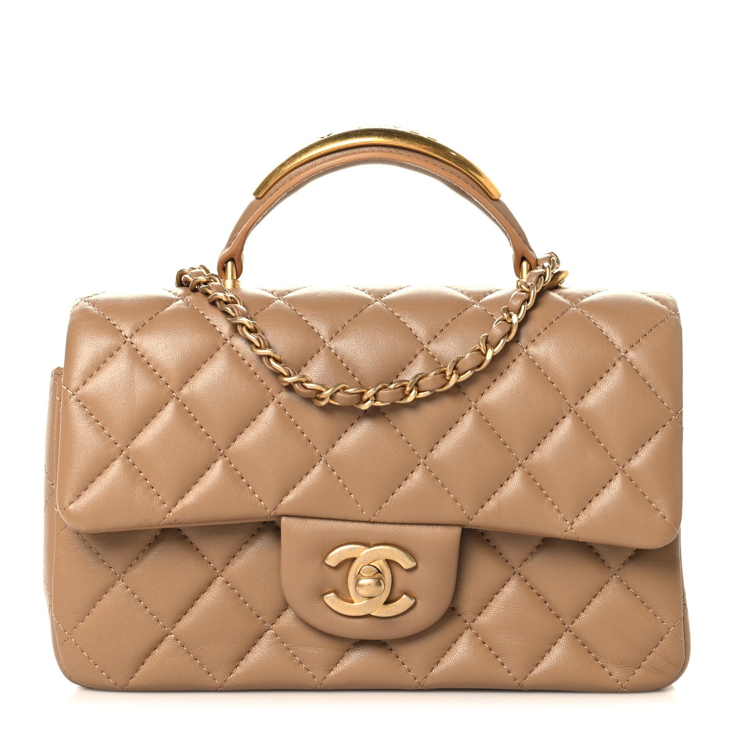 Lambskin Quilted Mini Metal Top Handle Rectangular Flap Beige