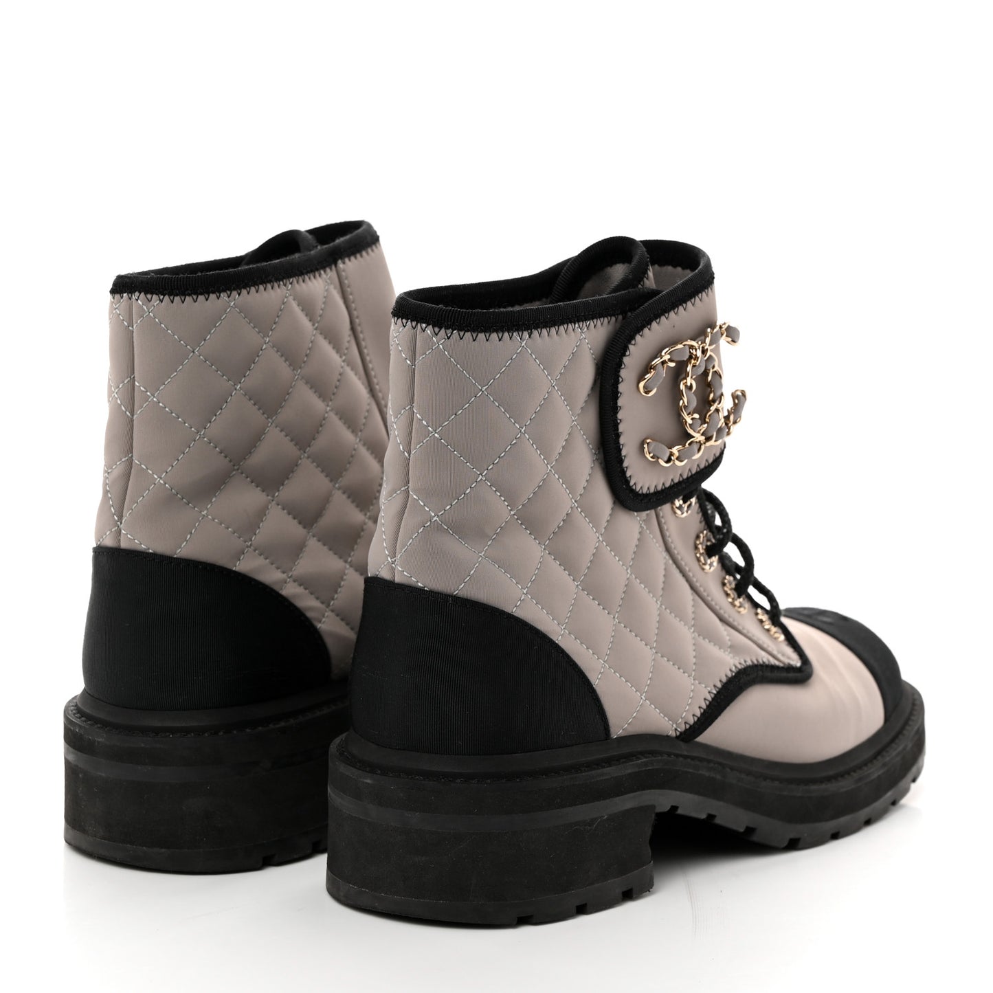 Fabric Grosgrain Lambskin Quilted Lace Up Combat Boot 40.5 Gray
