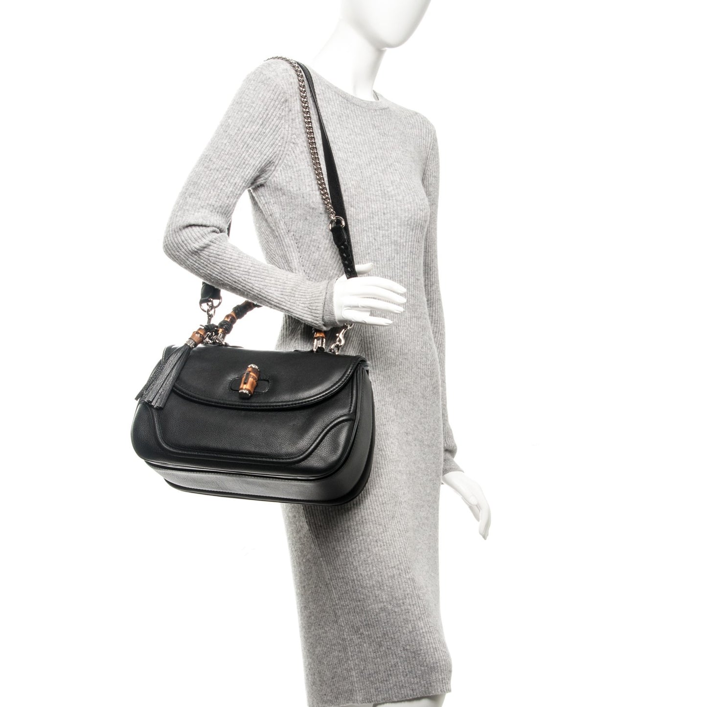 Pebbled Calfskin Large New Bamboo Top Handle Bag Black