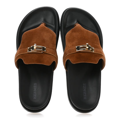 Hermes Suede Goatskin Womens Empire Sandals 37 Gold 2 of 9
