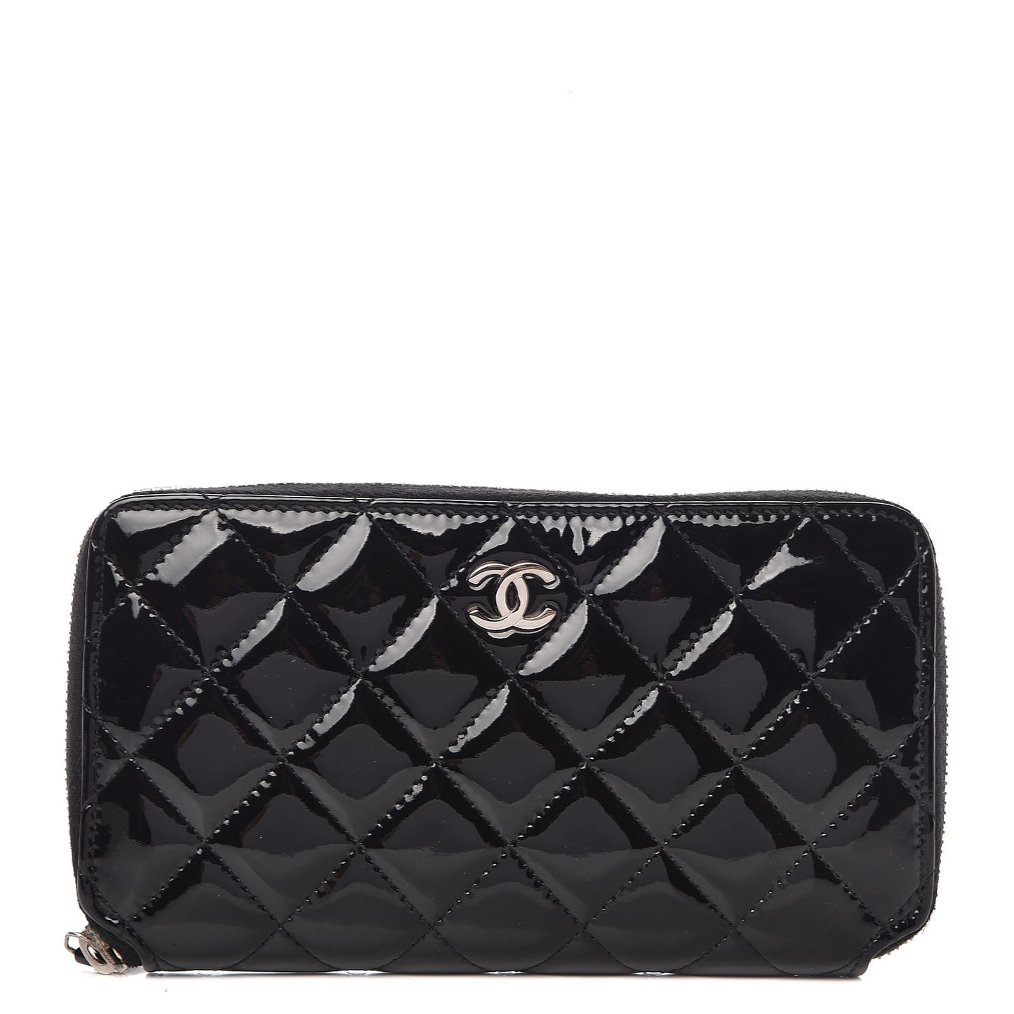 Patent Quilted Zip Around Wallet Black