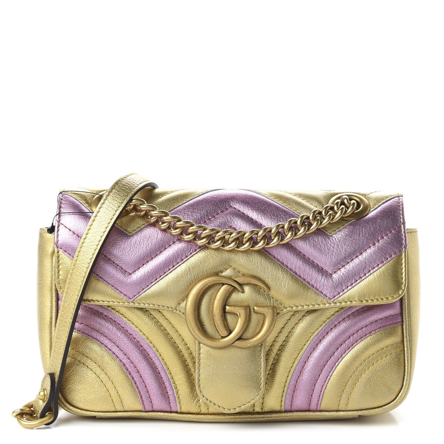 Metallic Calfskin Matelasse Mini GG Marmont Shoulder Bag Gold Pink
