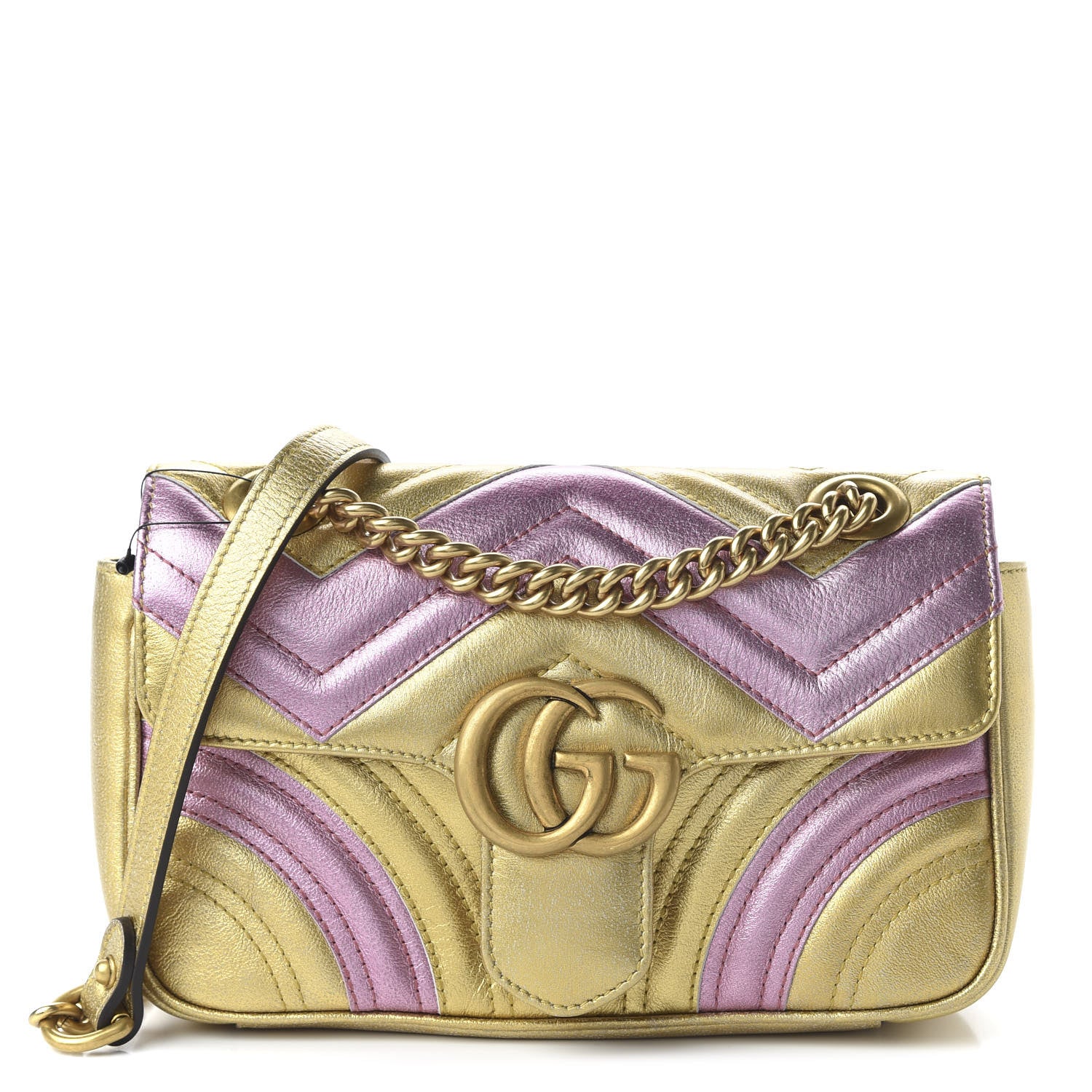 Gucci Metallic Calfskin Matelasse Mini GG Marmont Shoulder Bag Gold Pink 1 of 10