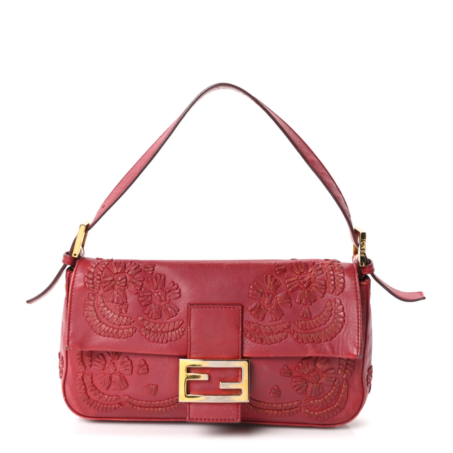 Calfskin Floral Stitched Baguette Red