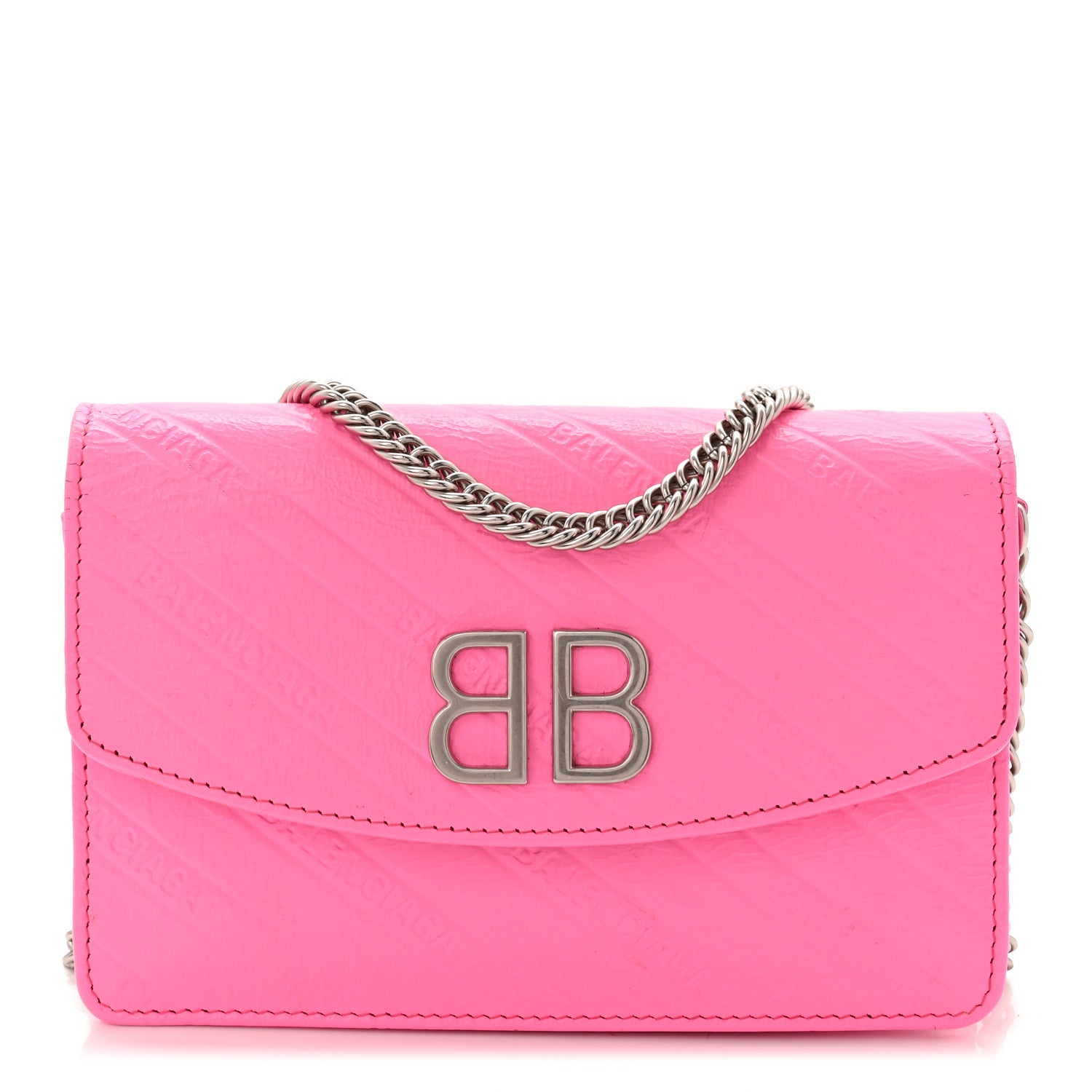 Balenciaga Shiny Goatskin Logo Embossed BB Wallet On Chain Acid Pink 1 of 12