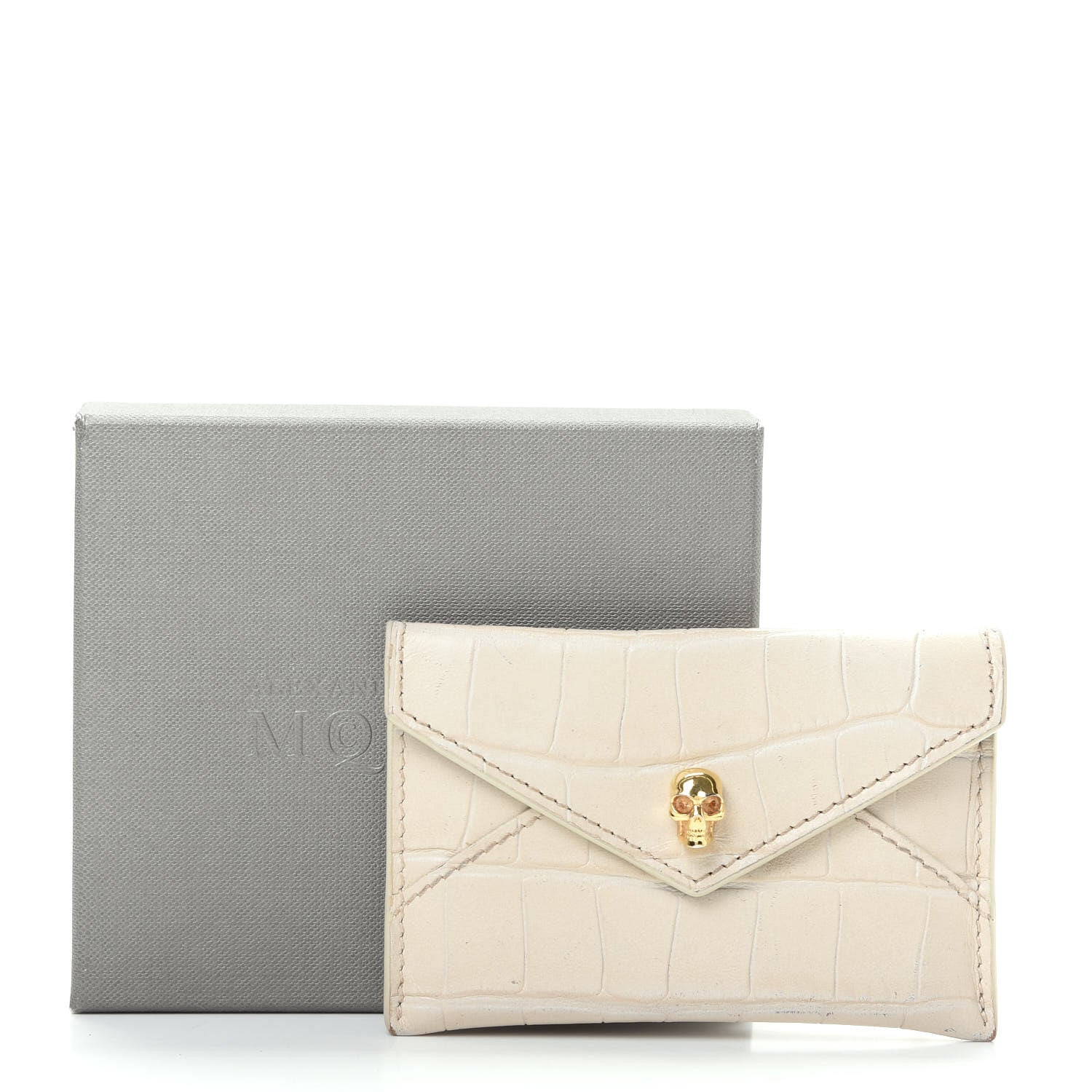 Alexander McQueen Calfskin Crocodile Embossed Skull Envelope Card Holder Cream 8 of 8