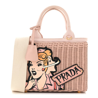 Prada Wicker Canvas Patch Comics Shoulder Bag Pink 1 of 12