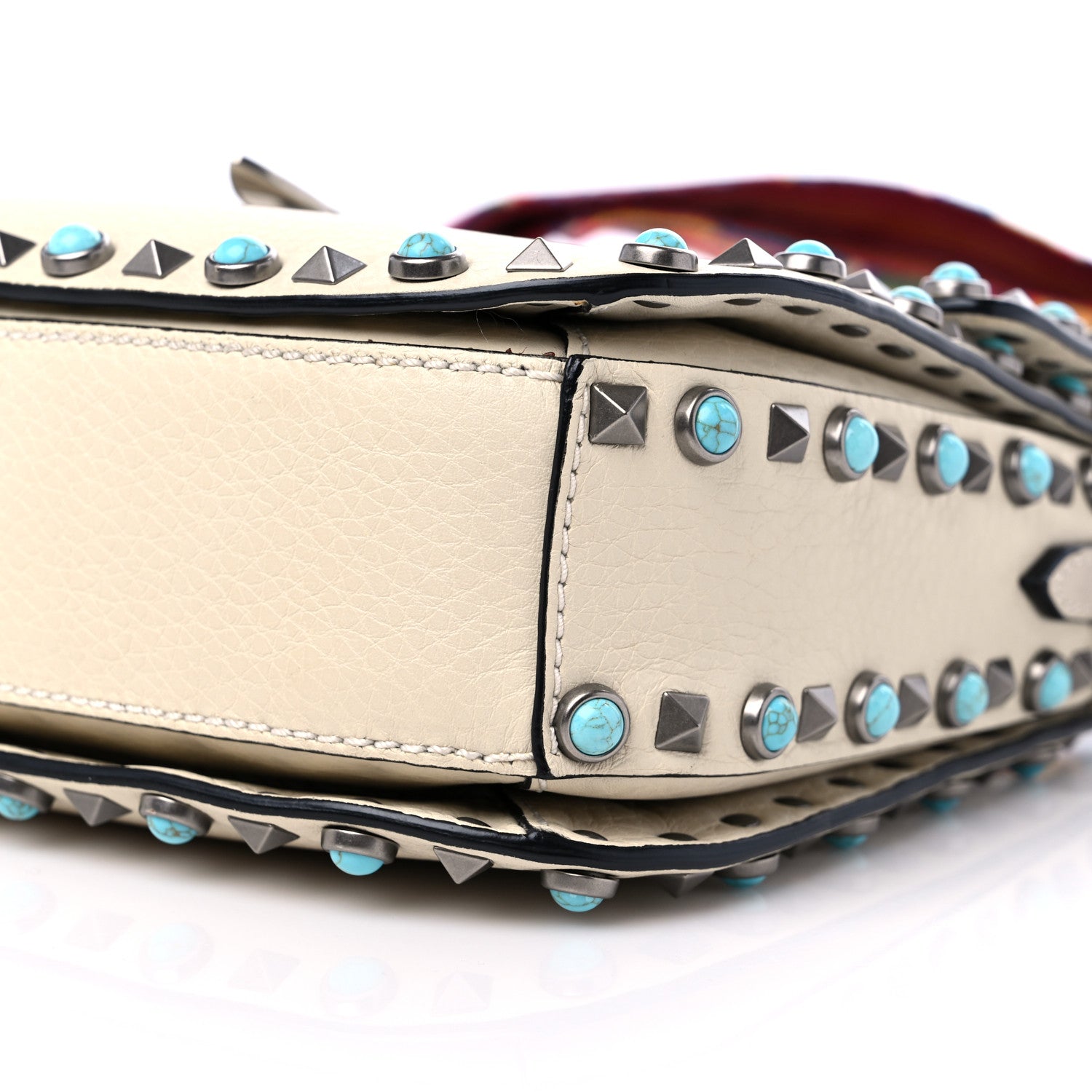 Valentino Garavani Pebbled Calfskin Turquoise Medium Guitar Strap Rockstud Rolling Flap Saddle Bag White 8 of 9